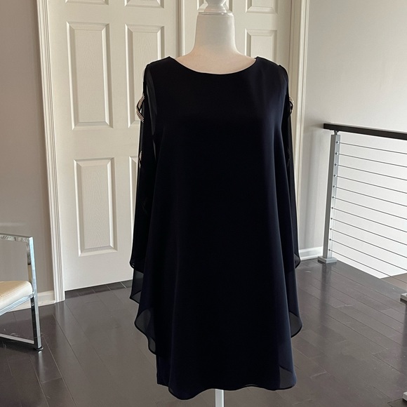 NWT Xscape Navy Blue Sheer Cape Rhinestone Cut-out Cocktail Gown Dress - Picture 5 of 13